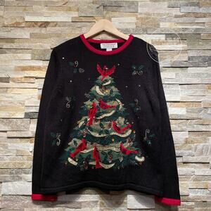 Tiara International L Christmas Cardinals Sweater | Beaded Embellished Holiday